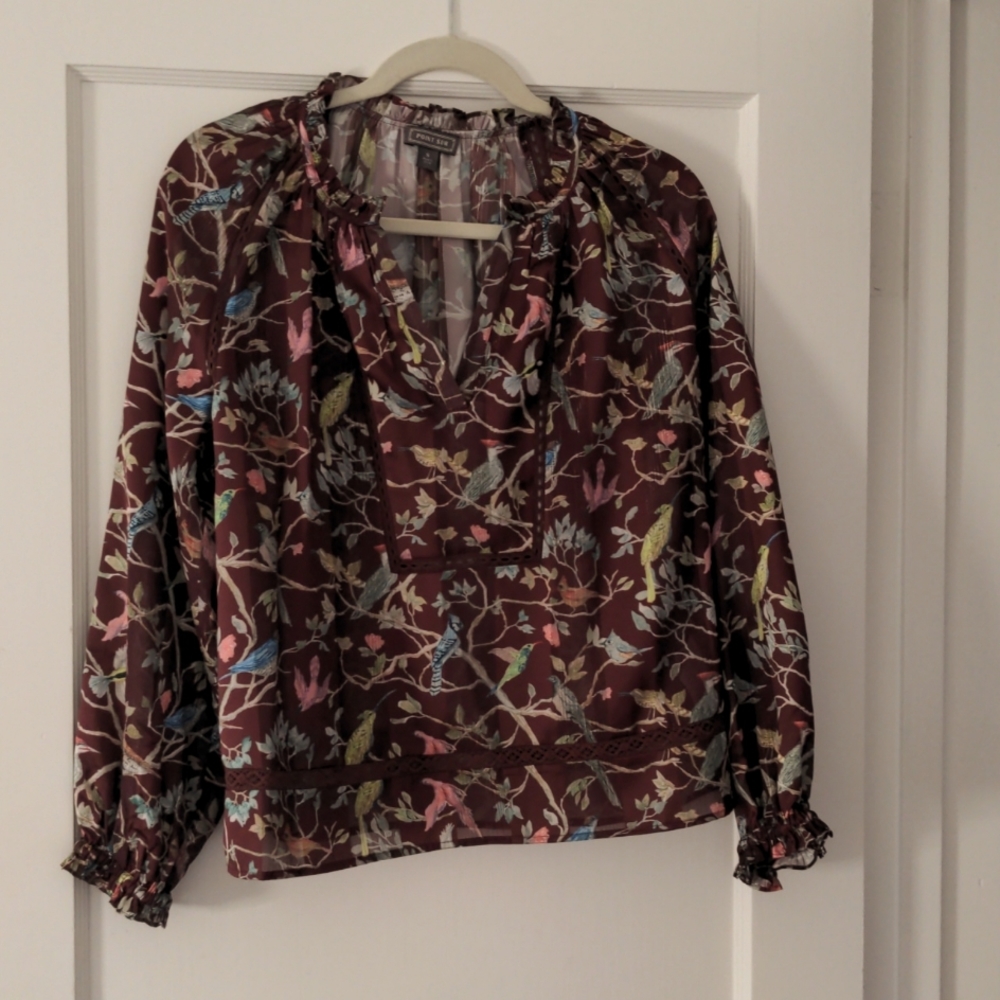 J Crew Ruffle Neck Popover Menagerie Bird Print Blouse Top Size S Point Sur